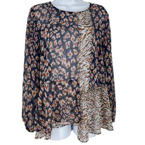 LOGO by Lori Goldstein Asymmetric Patchwork Ruffle Hem Blouse Size XS